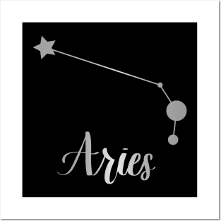 Aries Zodiac Constellation in Silver - Black Posters and Art